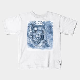 Thatched Cottage - Cyanotype of Original Painting Kids T-Shirt